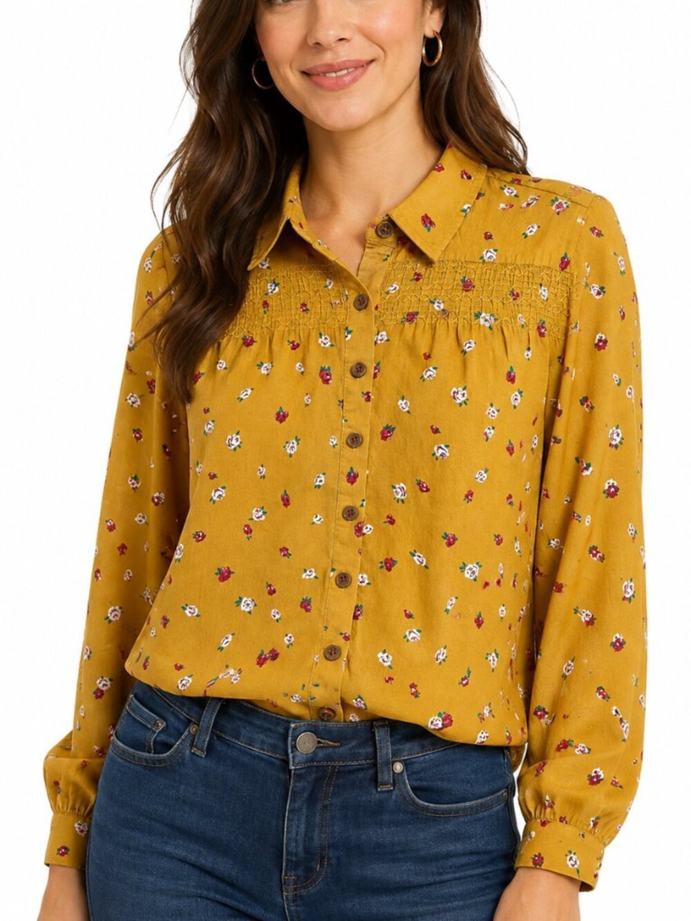 Maeve Anthropologie Phyliss Mustard Yellow Ditsy Floral Button Up Blouse